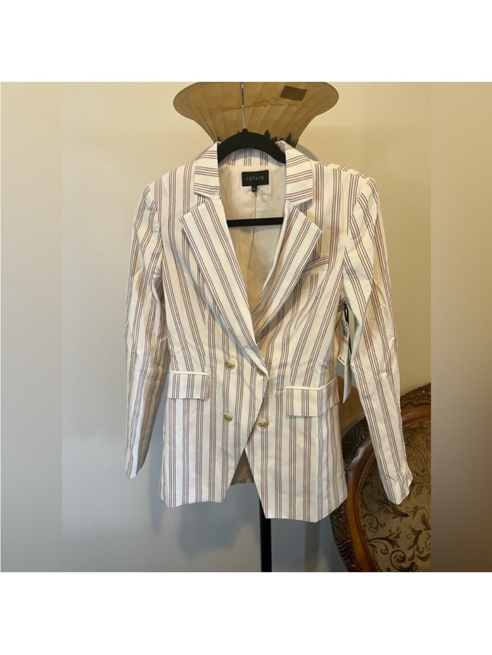 1.STATE Cream and Brown Striped Double-Breasted Blazer